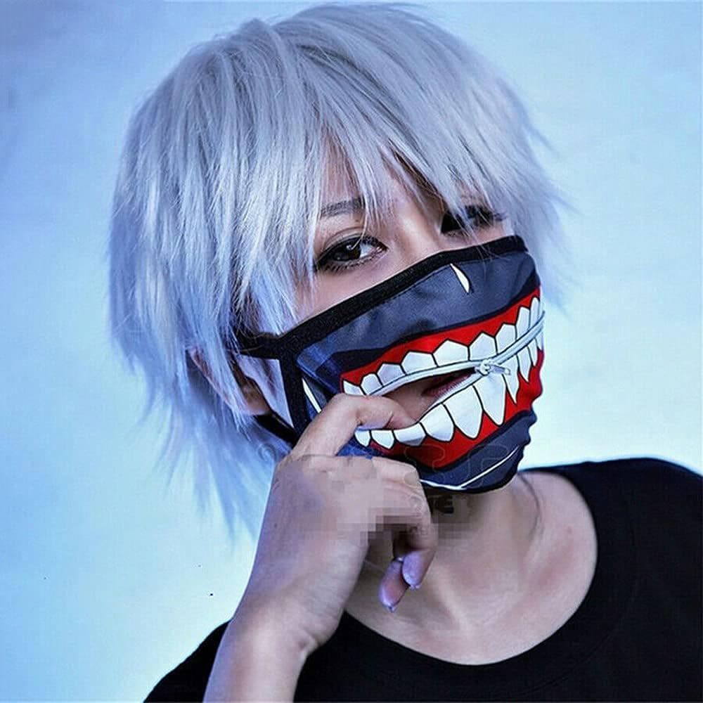 Conjunto 2 em 1: Máscara de Cosplay de Halloween + Peruca, Máscara Reutilizável com Zíper Divertido de Anime, Máscara de