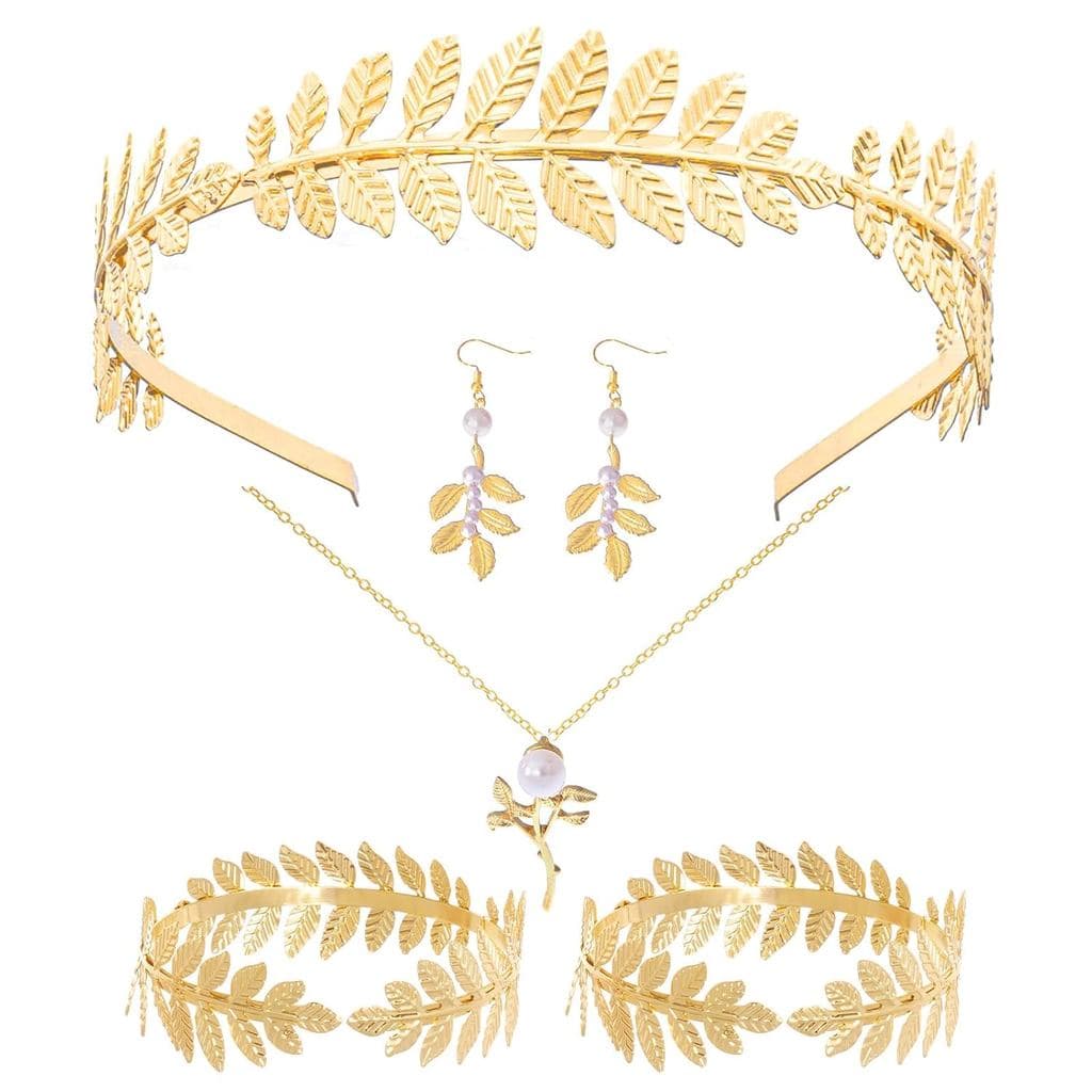 6 Peças de Acessórios para Fantasia de Deusa Grega: Tiara de Folhas, Pulseira de Braço, Colar de Pérolas Artificiais, Br