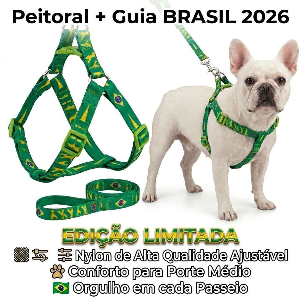 Peitoral com Guia Brasil para Cachorro Nylon Ajustável Médio Grande Copa 2026