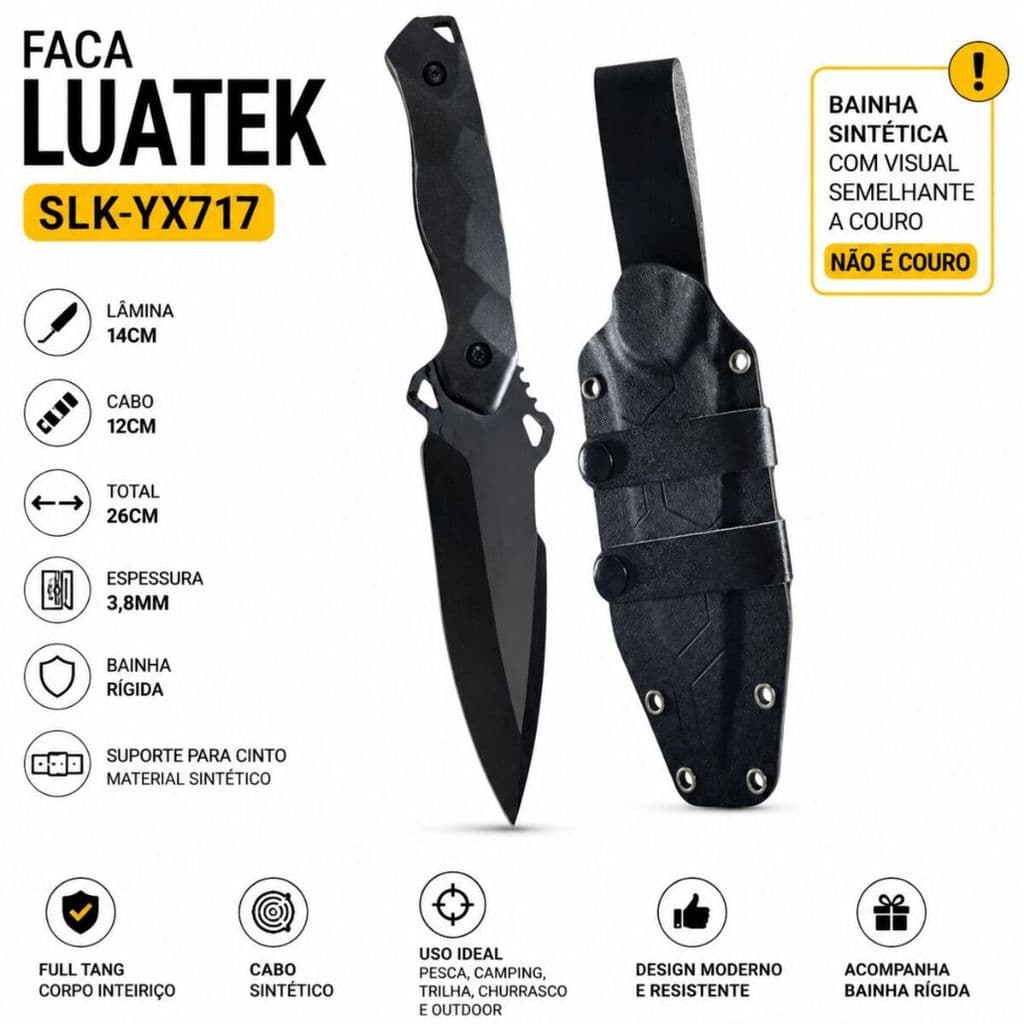 Faca Luatek SLK-YX717 Preta 26cm Com Bainha R?gida Pesca Camping
