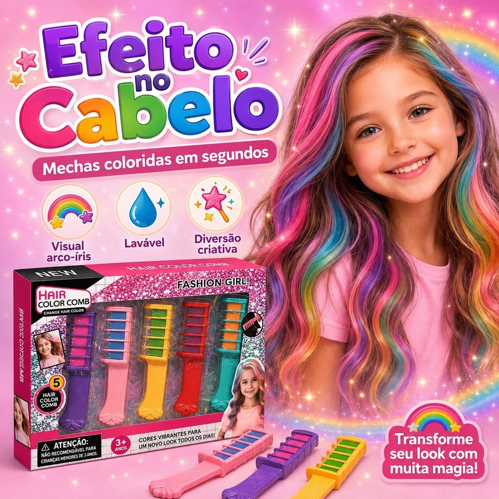 Kit 5 Pente Colorido Giz De Cabelo Com 06 Cores Temporárias Para Festas Criativo