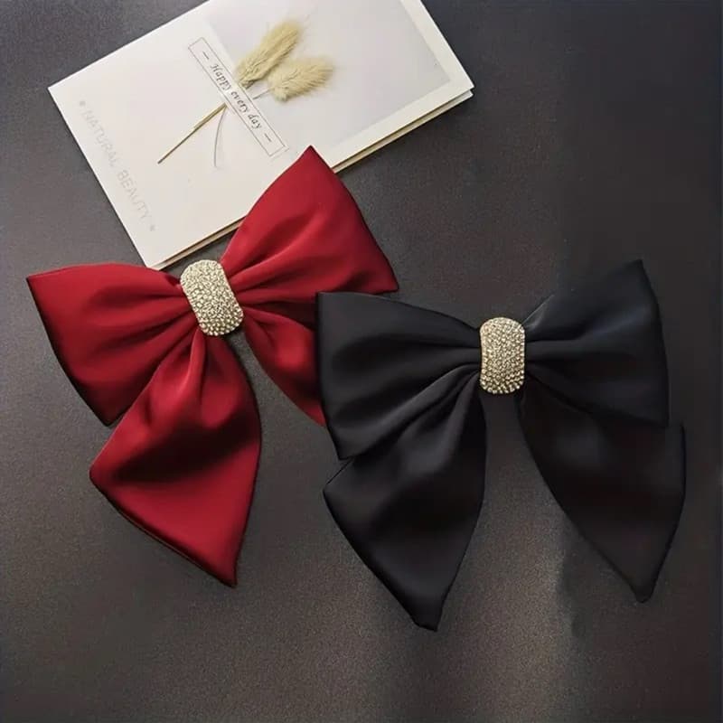 Presilha de cabelo com strass brilhante, laço de cetim, presilha de cabelo para rabo de cavalo de cor única.