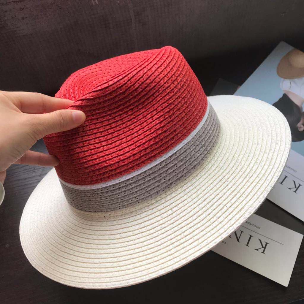 Chapéu de palha feminino simples vermelho cinza bege cor combinando elegante contraste cor cartola feminino protetor sol