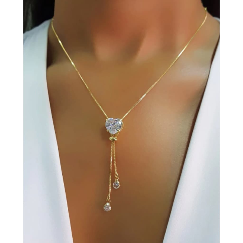 Emilybolsas.bijoux Colar com Formato Y de Coração *6767 – Corrente Veneziana com Zircônia Cristal e Banho de Prata