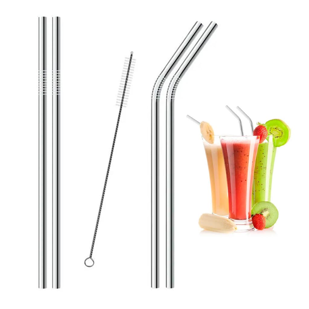 Canudo Inox Kit 4 Canudos Escova Limpeza Reutilizavel Ecologico Drink Milkshake Bebidas Limpeza Higiene Brinde Festa