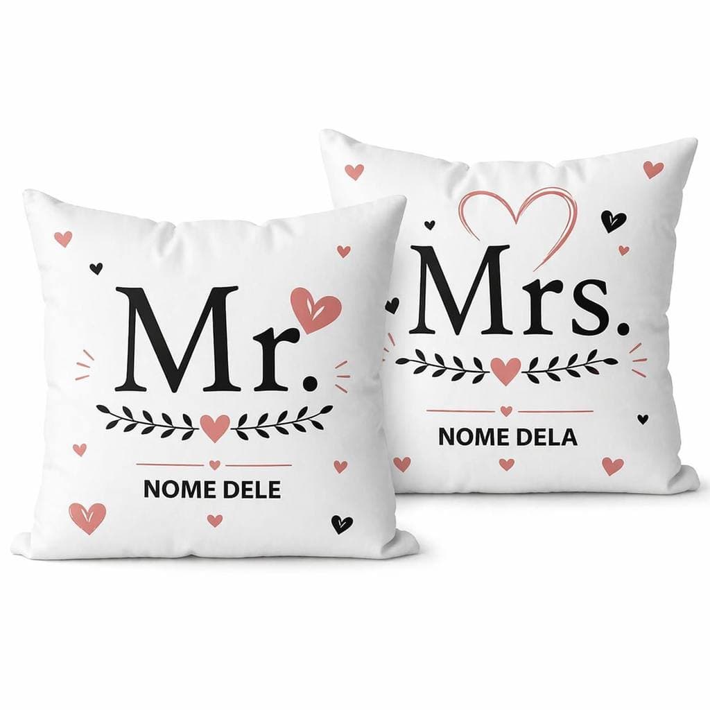 Kit 2 Capas de Almofada Mr e Mrs Personalizadas com Nome 45x45 Oxford Decoração Casal Presente Romântico