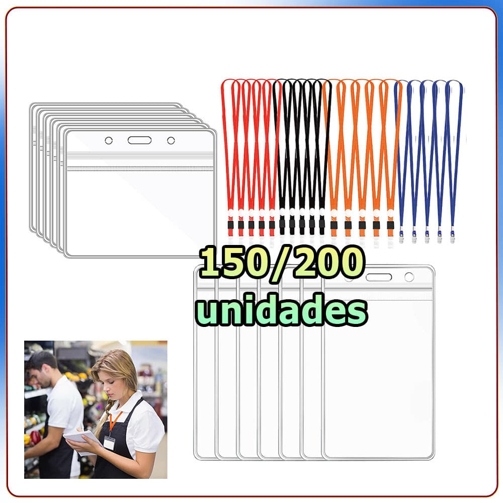 Kit 150/200 Crachás de plástico transparente porta-cartões de identificação porta-crachás à prova d'água com cordões