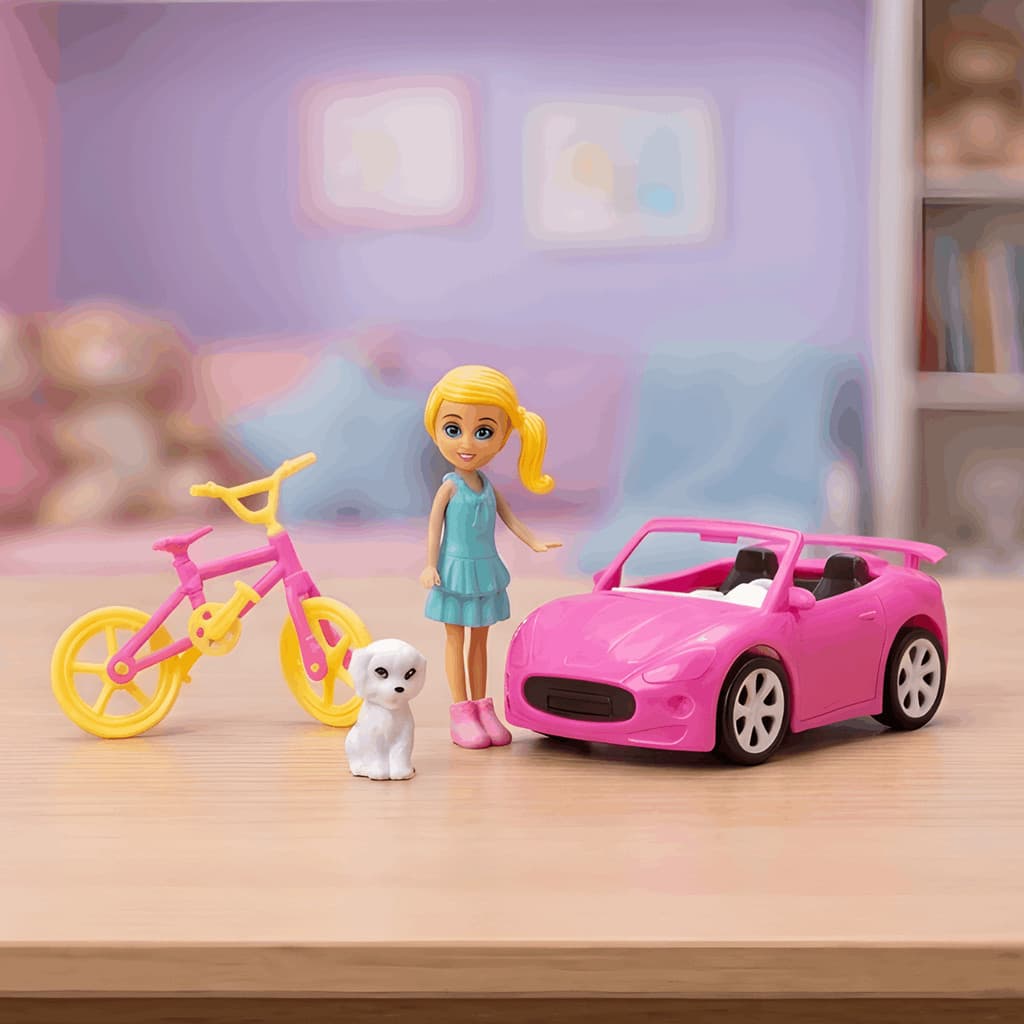 Boneca Judy com Carro Rosa Bicicleta e Pet Cachorrinho Brinquedo Menina Colecionável