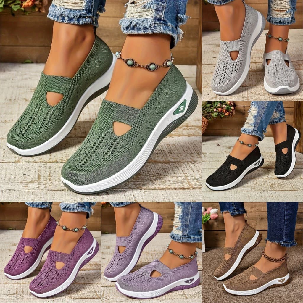 Novo Conforto Sapatos Casuais Femininos De Moda Sola Macia Com Oca E Respirável Para Mulheres Malha