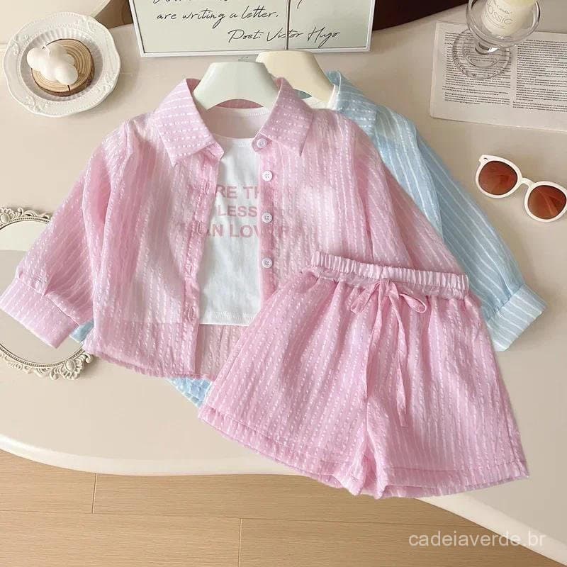 Meninas Versão Coreana Da Camiseta De Três Peças De Manga Curta Verão Nova Moda Infantil Protetor Solar Roupas Shorts
