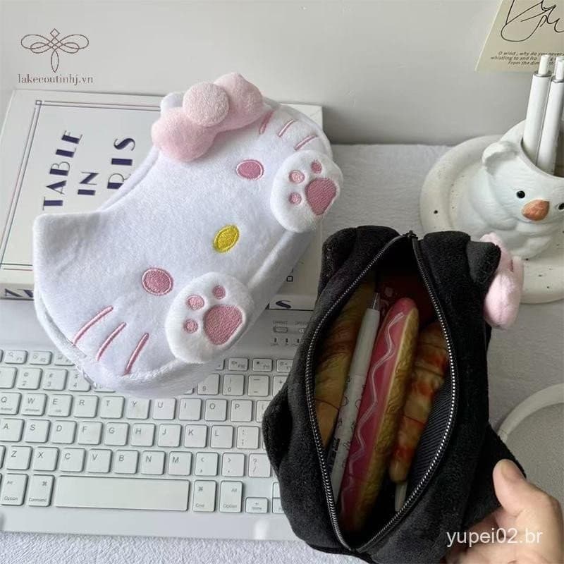 Lu Hello Kitty Caso De Lápis De Pelúcia Grande Capacidade Gato Pata Caneta Saco Papelaria Organizador De Maquiagem Diver