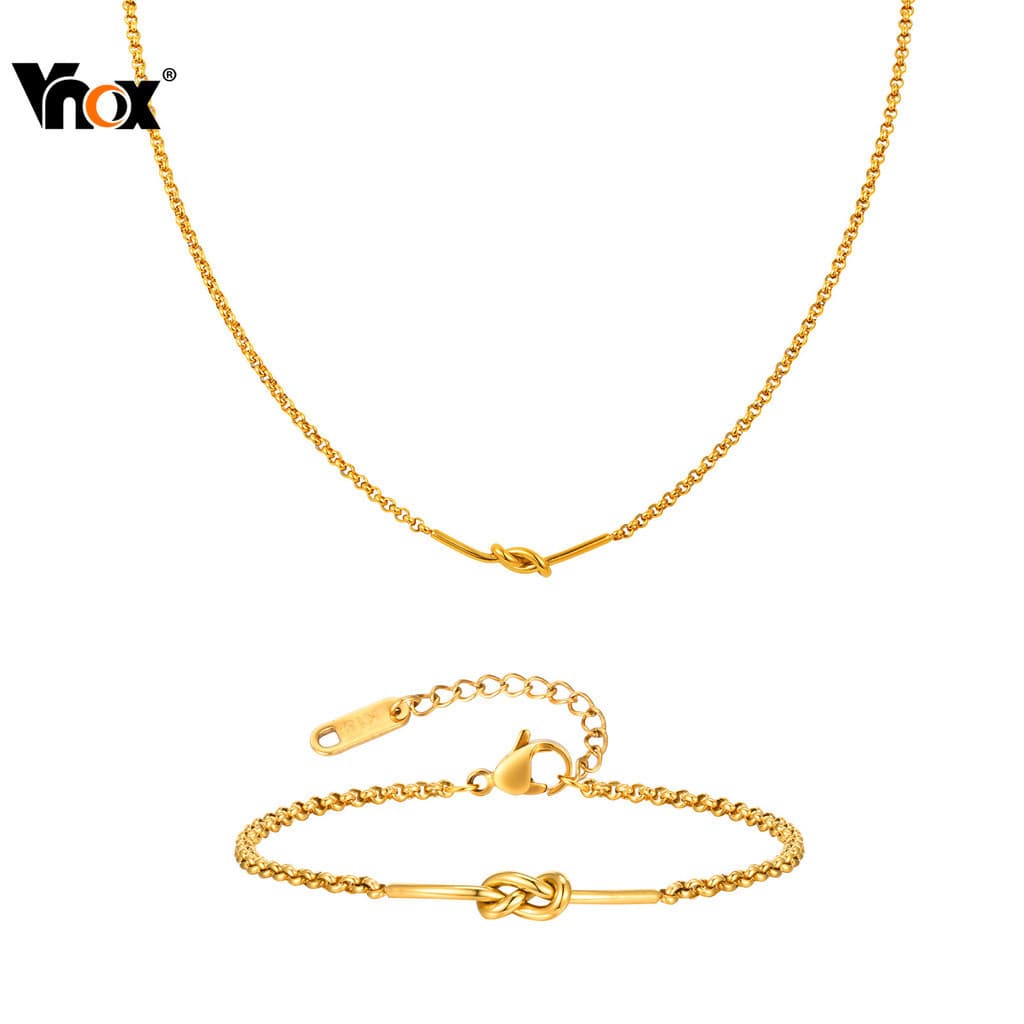 Vnox Feminino Meninas Nó Link Corrente Pulseira Colar Conjunto Ouro Aço Inoxidável Ajustável Hipoalergênico Jóias Presen