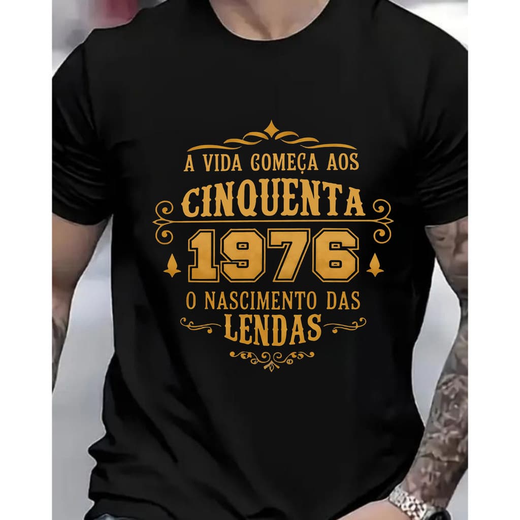 [Camiseta Premium em Algodão Puro]VU T-Shirt Masculino Curto Vintage 1976 Lendas Cinza Casual Dia-a-Dia