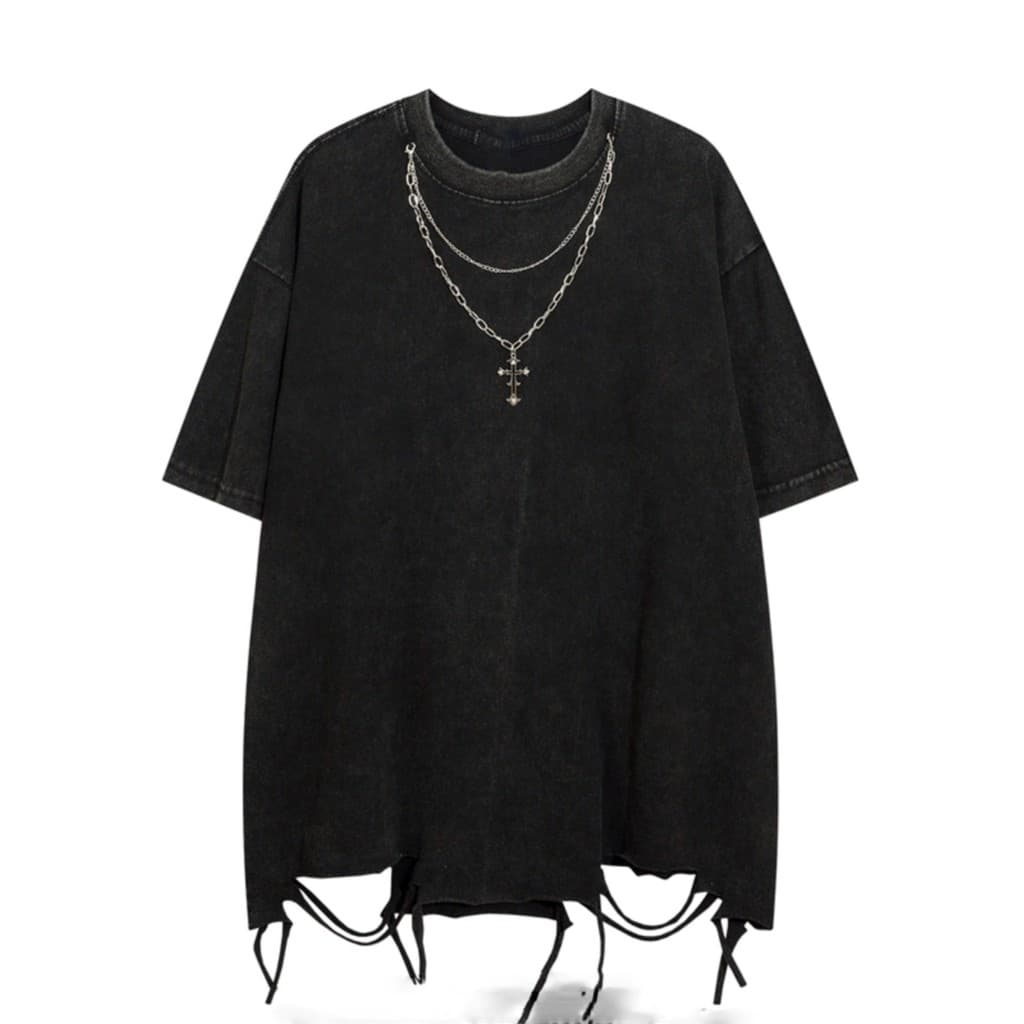 Europeu americano High street Retro angustiado bainha rasgado street Wear meia manga Design colar solto interior de mang