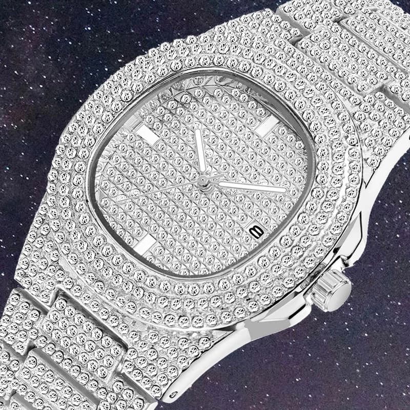Novo Iced Out Corrente RelóGios Masculinos RelóGio Hip Hop Diamante Rap De Quartzo Masculino Data Faixa De AçO Estrela