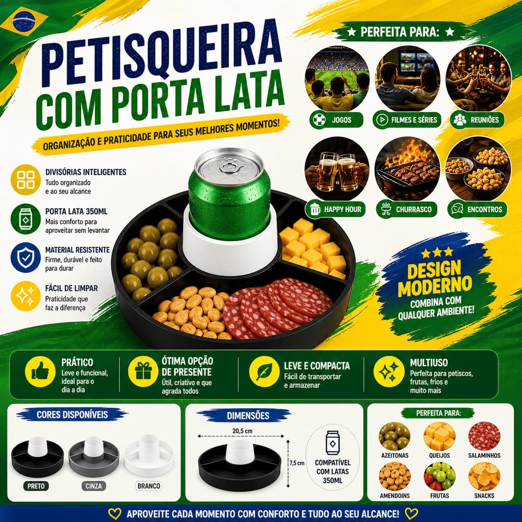 Bandeja Petisqueira com Porta Lata 350ml para Aperitivos e Snacks