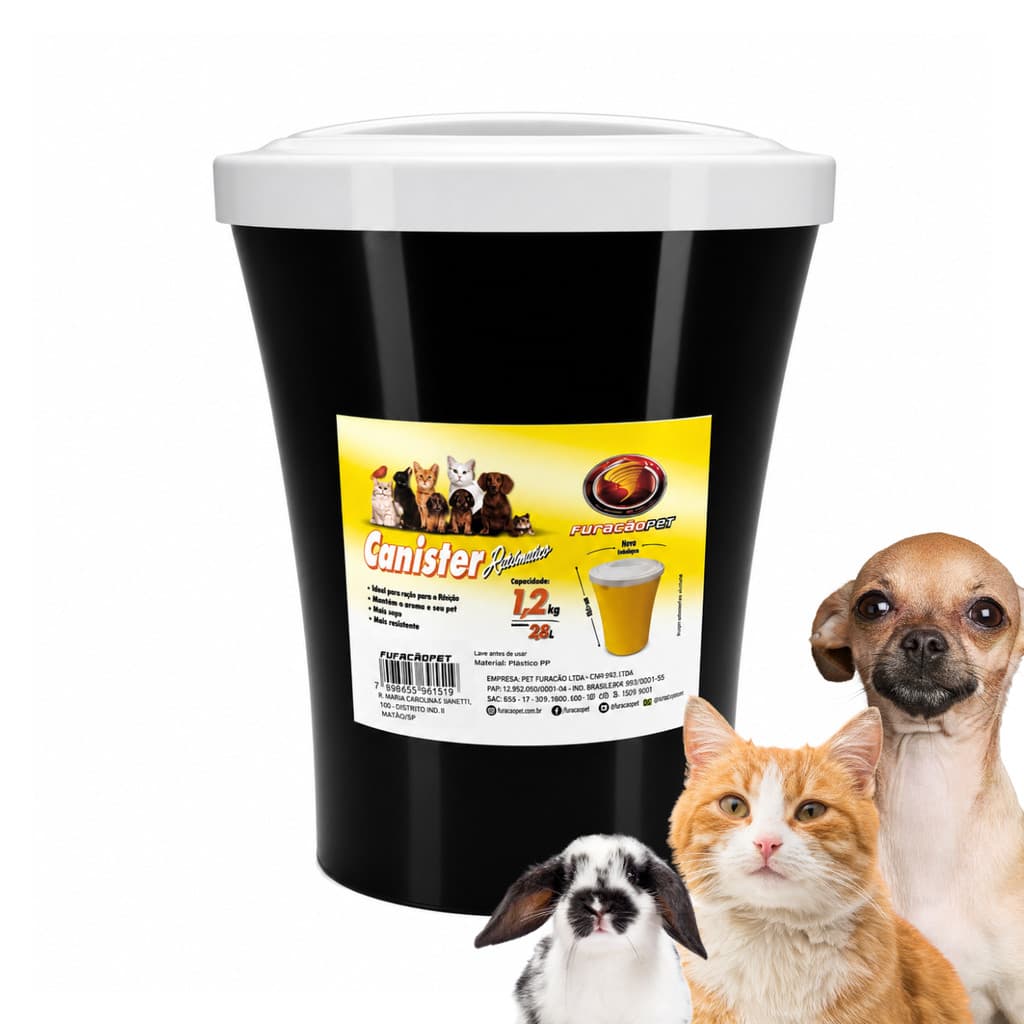 Canister Porta Ração Redondo Com Tampa Preto - Furacão Pet 1,2 Kg de Capacidade