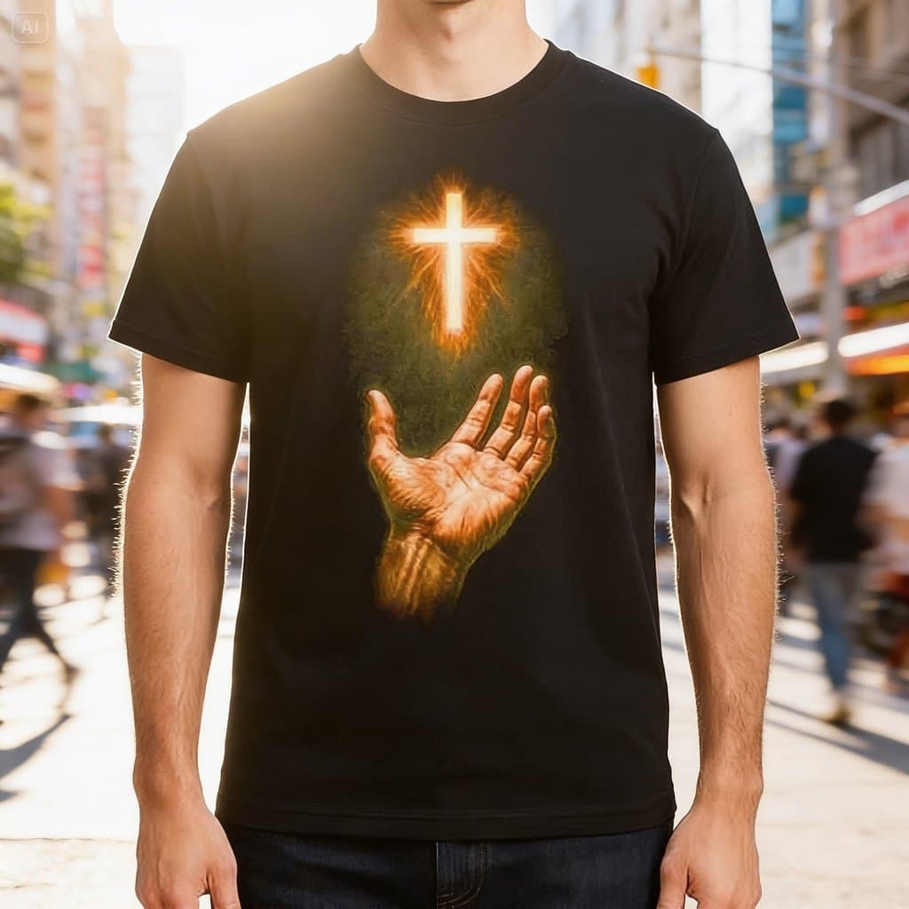 Camiseta DTF Católico Religioso Camisa Fé Mãos Blusa Manga Curta Masculino Missa Culto Retiro Estampada Frente Ou Costas