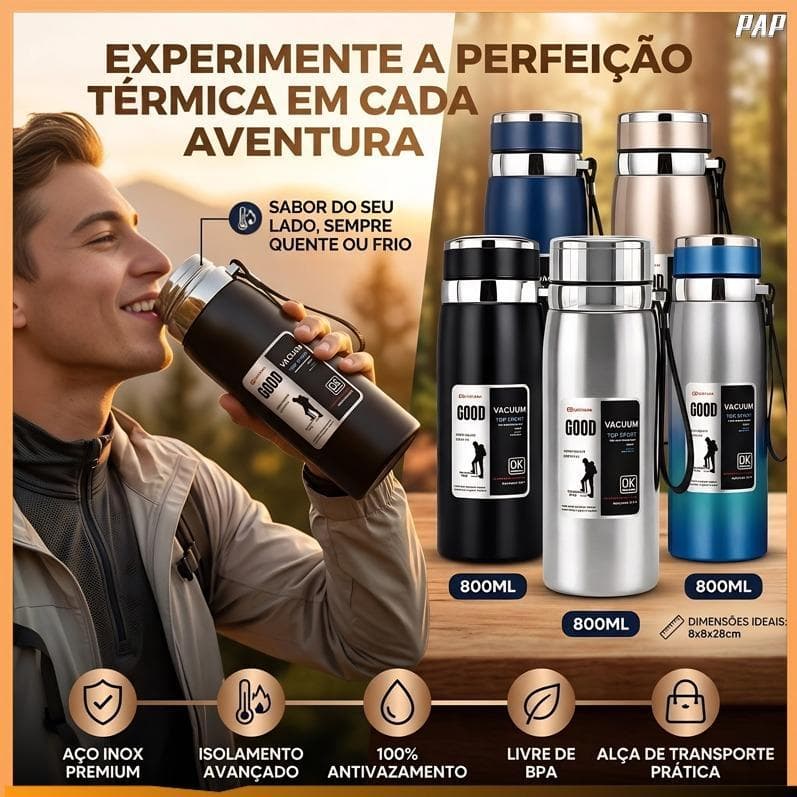Garrafa Térmica 800ml Inox Bicolor 2026 Com Filtro Infusor Conserva Gelado Parede Dupla Vácuo Premium Selection