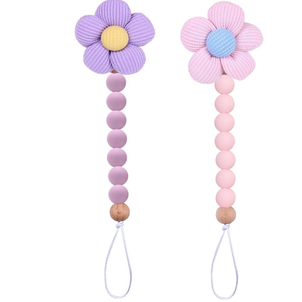 2 peças de prendedor de chupeta com flores, prendedor de chupeta com contas de silicone para meninas, nas cores rosa e r
