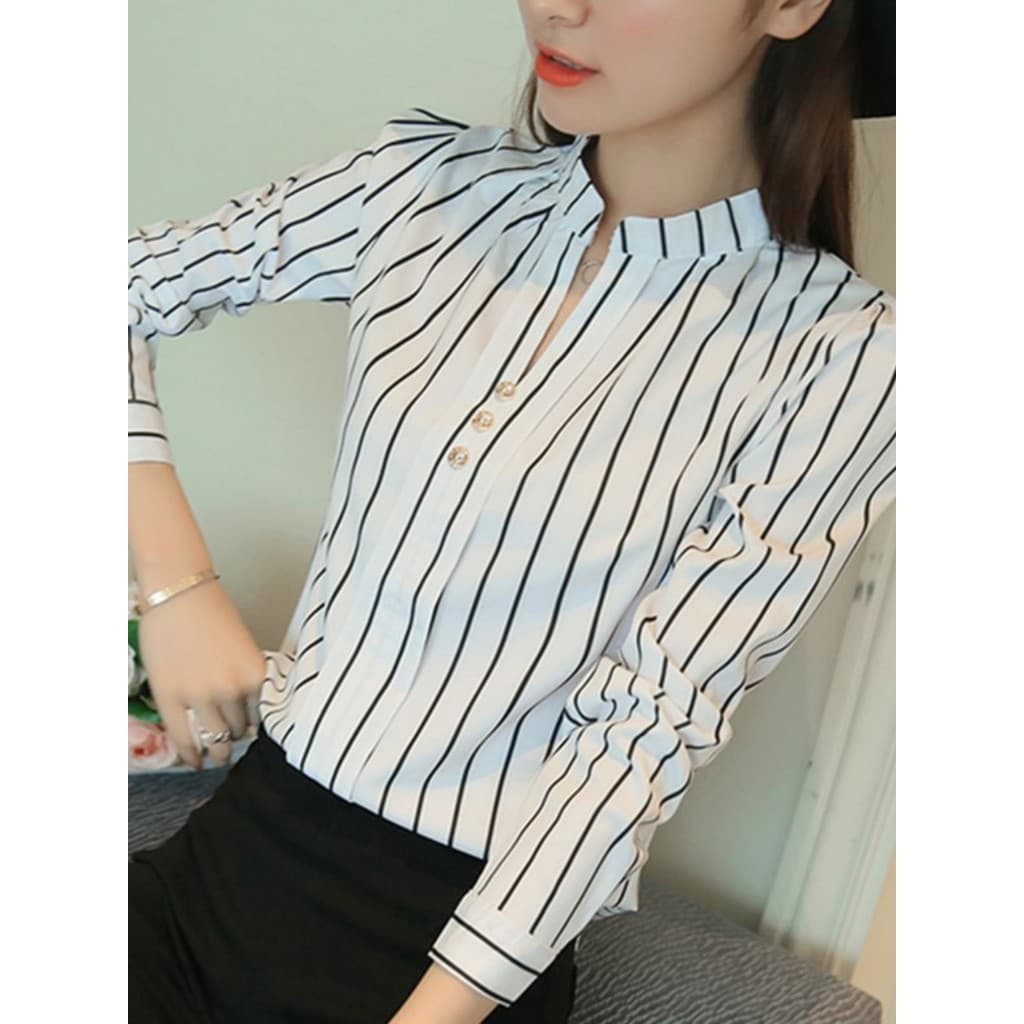 Versão coreana com decote em V camisa listrada feminina 2026 primavera topos profissional Workwear de manga comprida rou