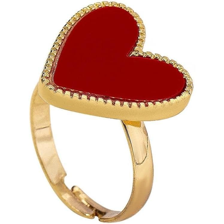 Anel de Dedo Empilhável em Esmalte Vermelho com Coração Fofo, Banhado a Ouro, Simples e Ajustável, Acessório de Joalheri
