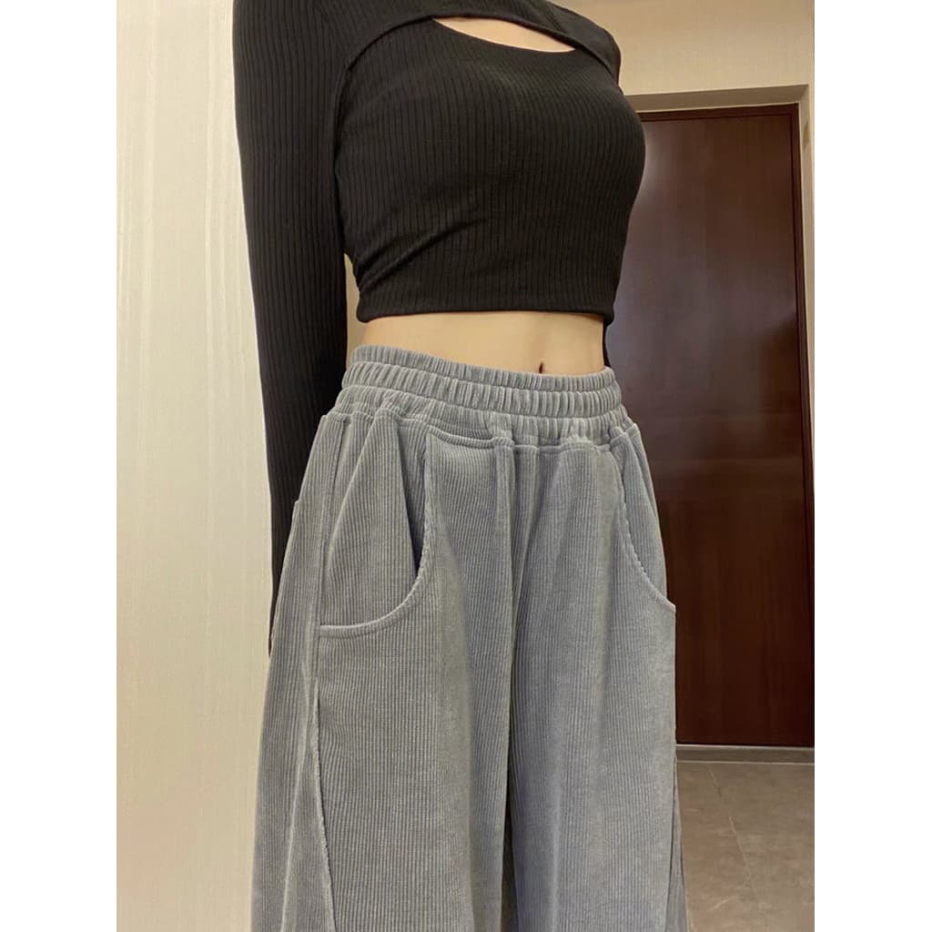 Cinza veludo calças de perna larga feminina outono inverno cintura alta Drape mais magro olhar em linha reta solto velo