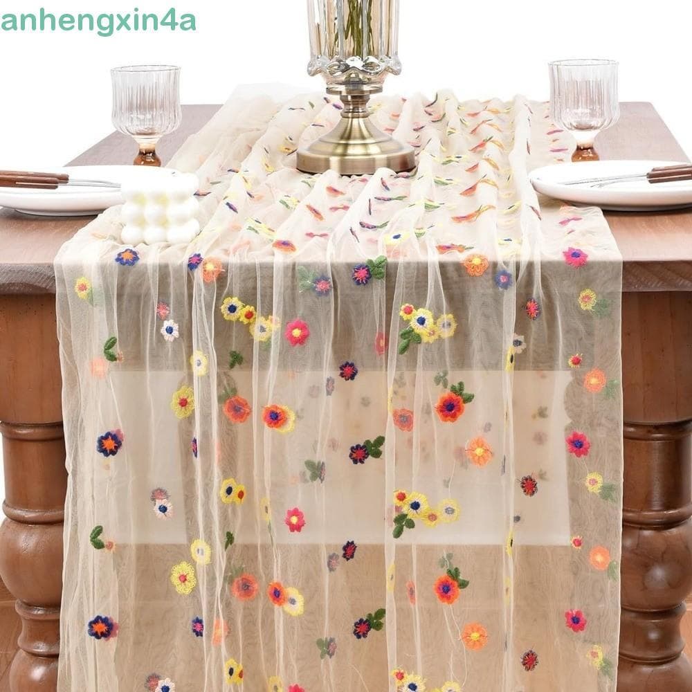 Corredor De Mesa De Tule ANHENGXIN , Bordado Elegante Boho Com Margaridas , Toalha Floral Fácil De Limpar