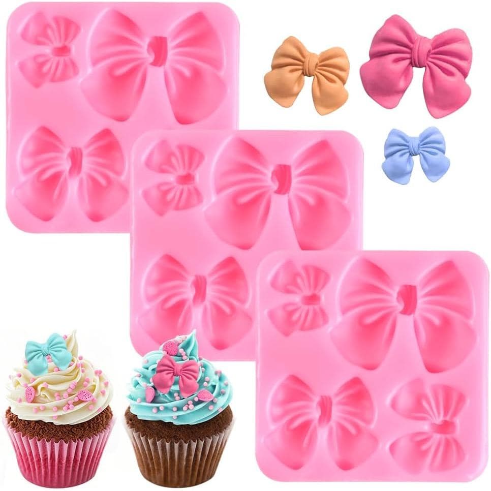 3 PCS Bow Chocolate Molds, Pink Silicone Chocolate Mold, DIY Mini Bows Sugar Candy Molds for Birthday Party Cake Cupcake