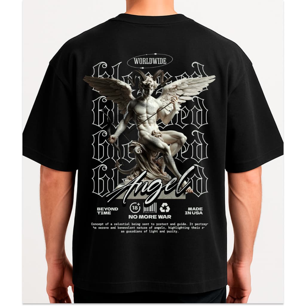 Camisa Oversized Preta Angel - Streetwear Estampa Costas Exclusiva Overpixel 100%algodao