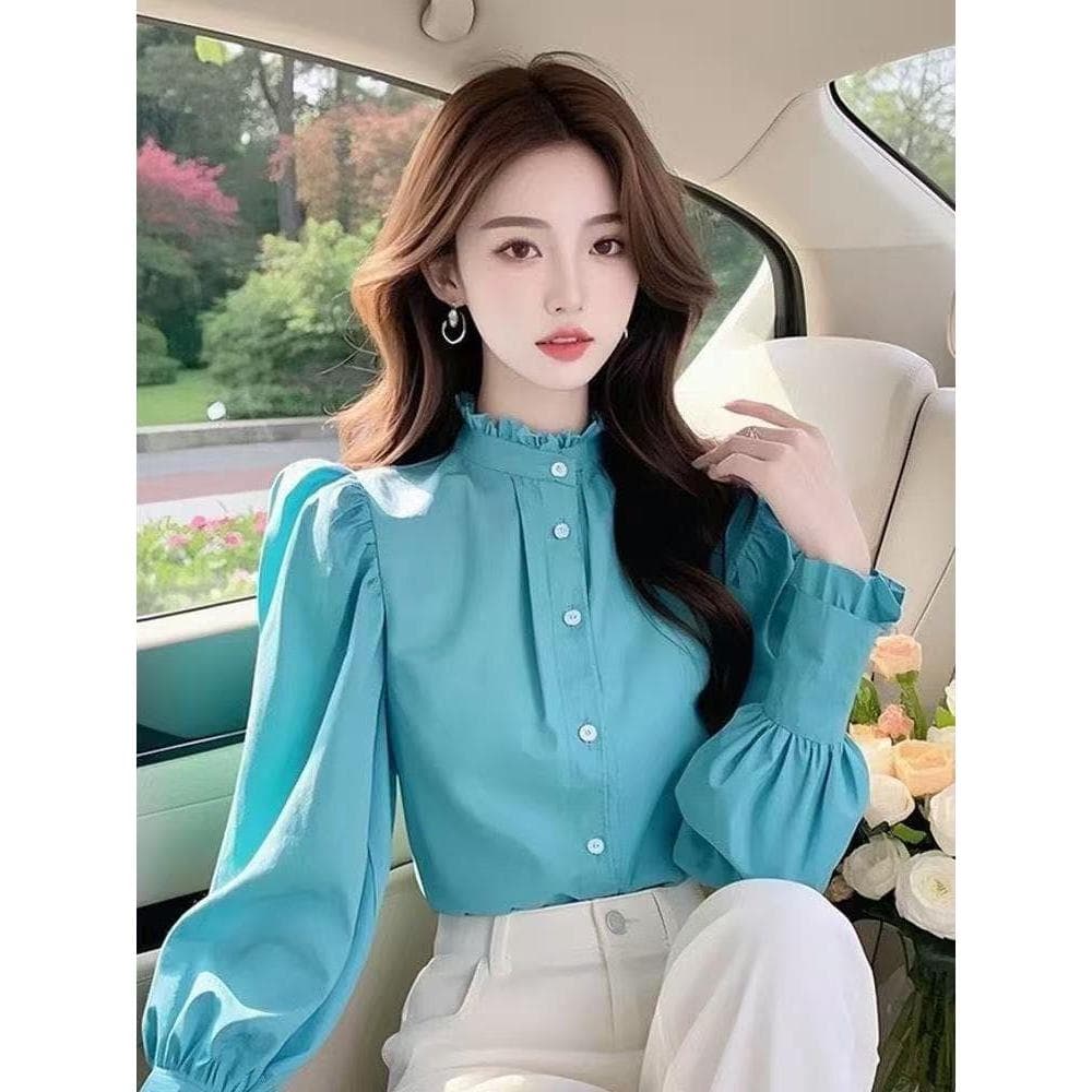 2025 primavera High-End luz luxo redução de idade estilo ocidental pequena camisa única linda azul gola alta camisa supe