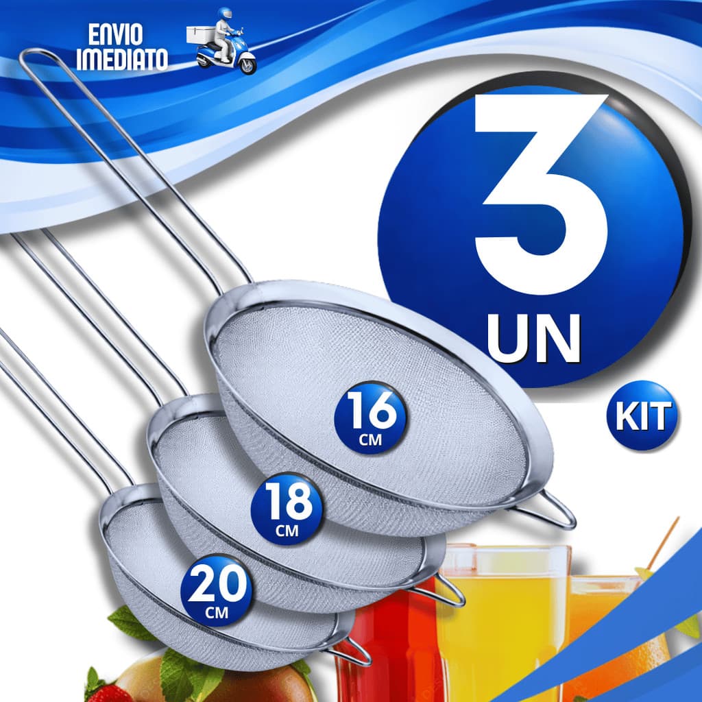 Jogo Peneira Aço Inox de 20cm 18cm 16cm Farinhas Sucos Cozinha Multiuso Praticidade Utensílios