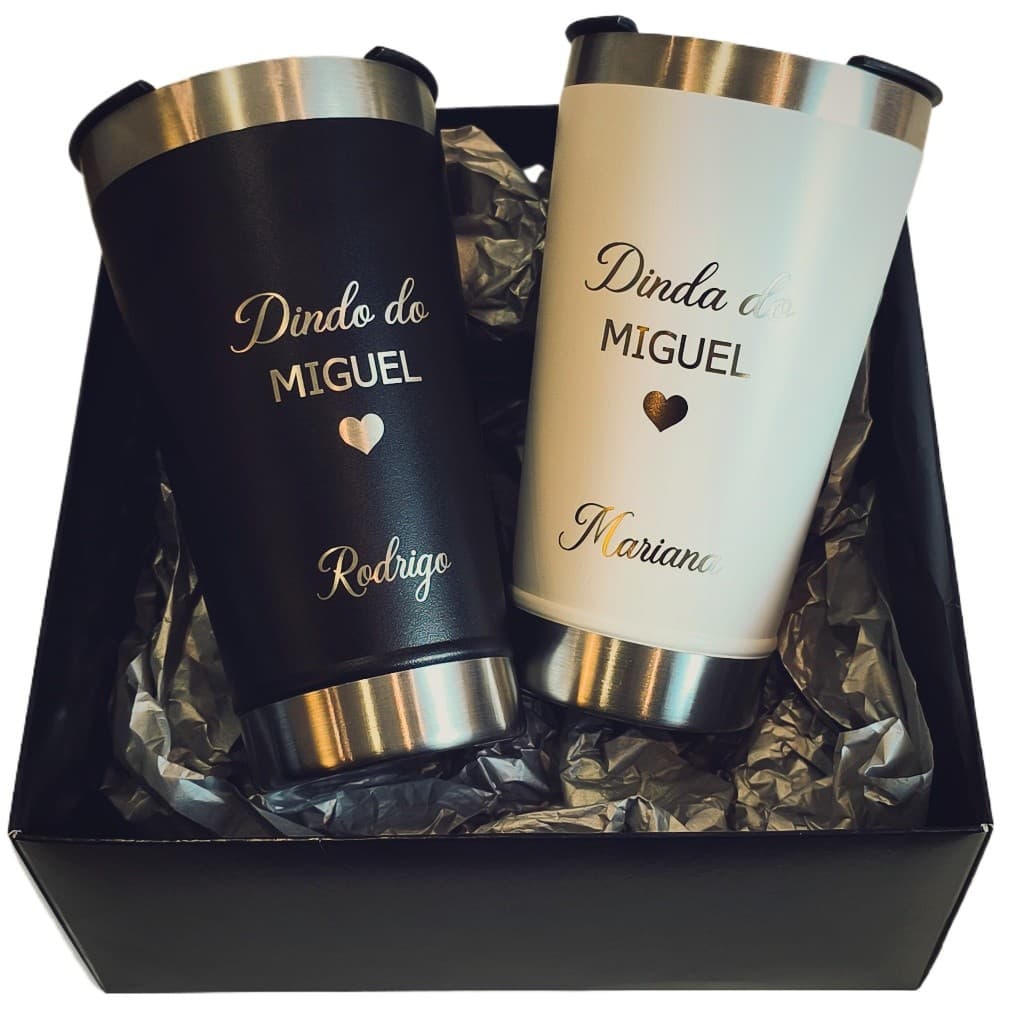 Kit Padrinhos Presente – 2 Copos Térmicos Personalizados com nome Dindo e Dinda