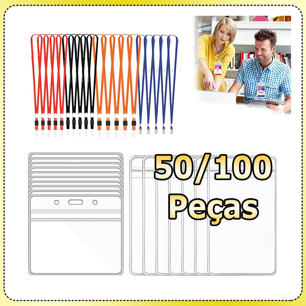 50/100 Porta-cartões de identificação com cordões porta-crachás de plástico transparente porta-crachás à prova d'água