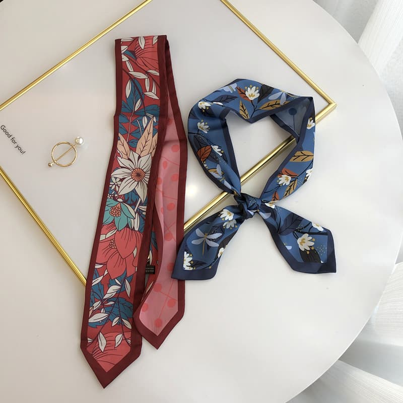 Estilo ocidental dupla face flor pequeno lenço de seda feminino All-Match lenço decorativo longo tira cachecol Streamer