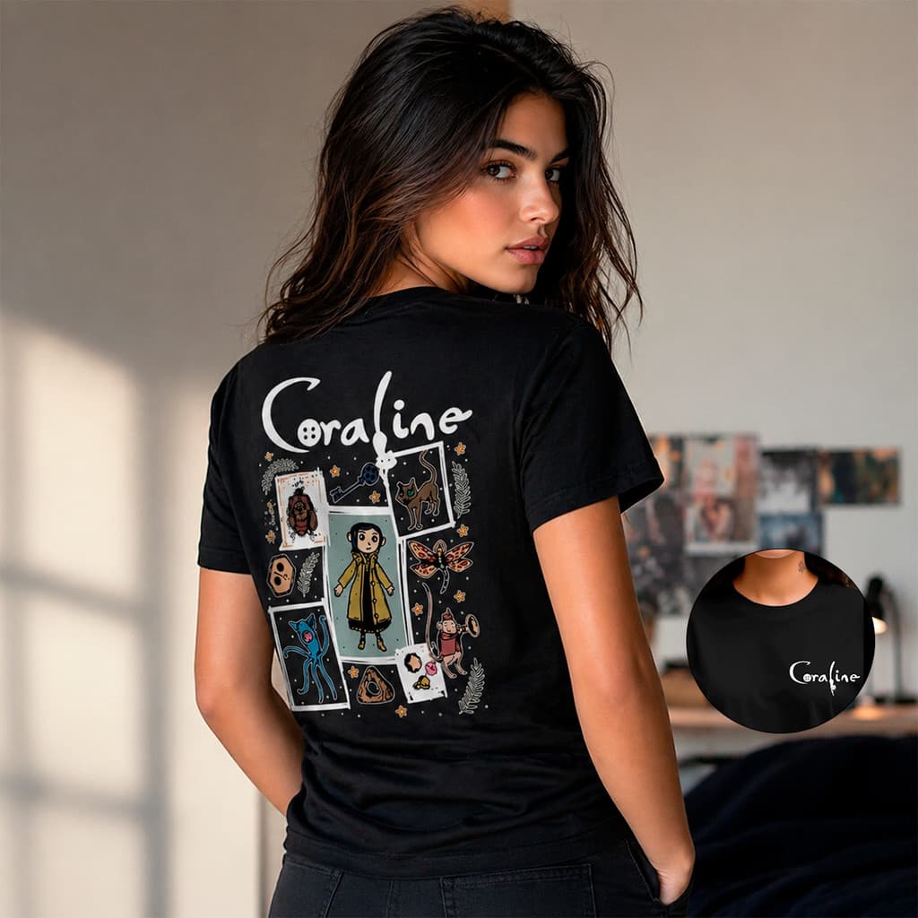 Camiseta Algodão Básica Camisa Coraline Filme Animação Desenho