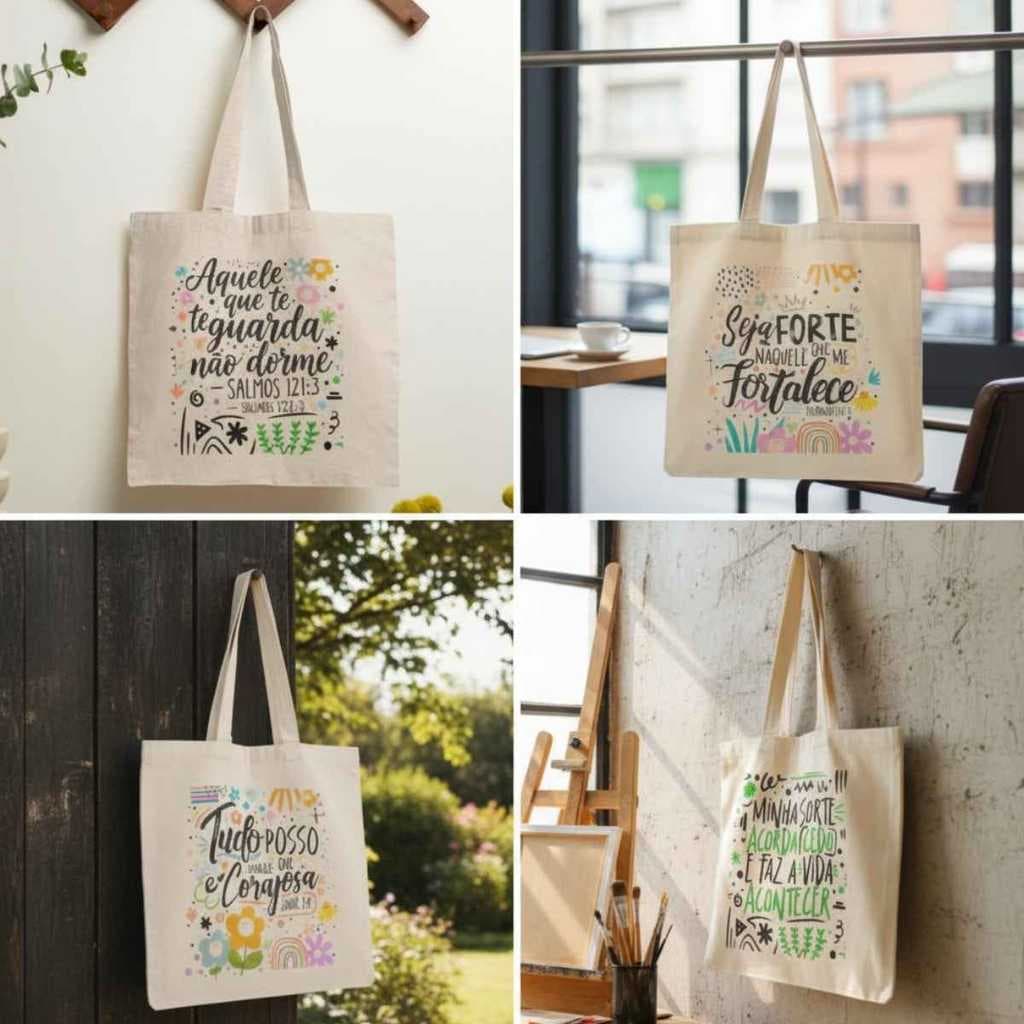 Bolsa Sacola Ecobag Brim Sem Zíper Frases Motivacionais Salmos da Bíblia Gospel 100% Algodão