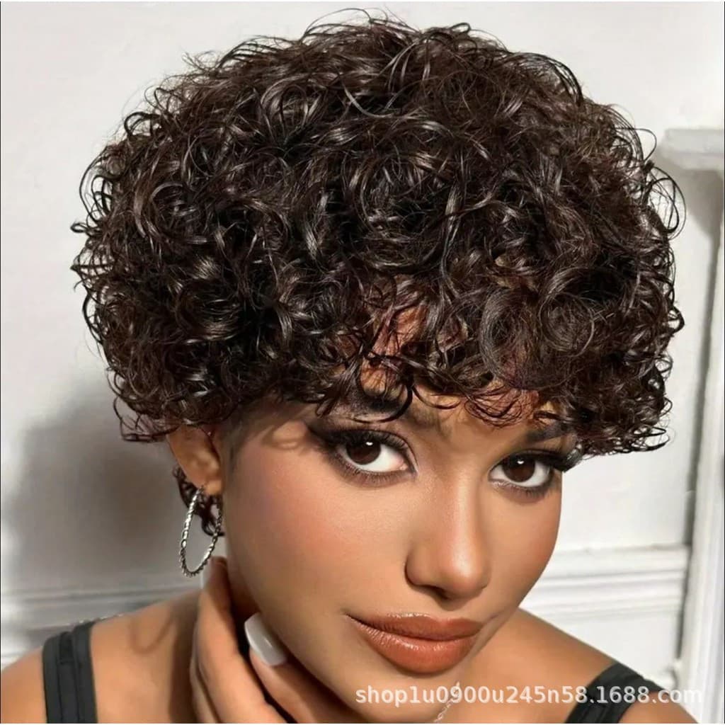Peruca De Cabelo real Africana , Humano Curto E Encaracolado , Perucas Curtas Pequenas