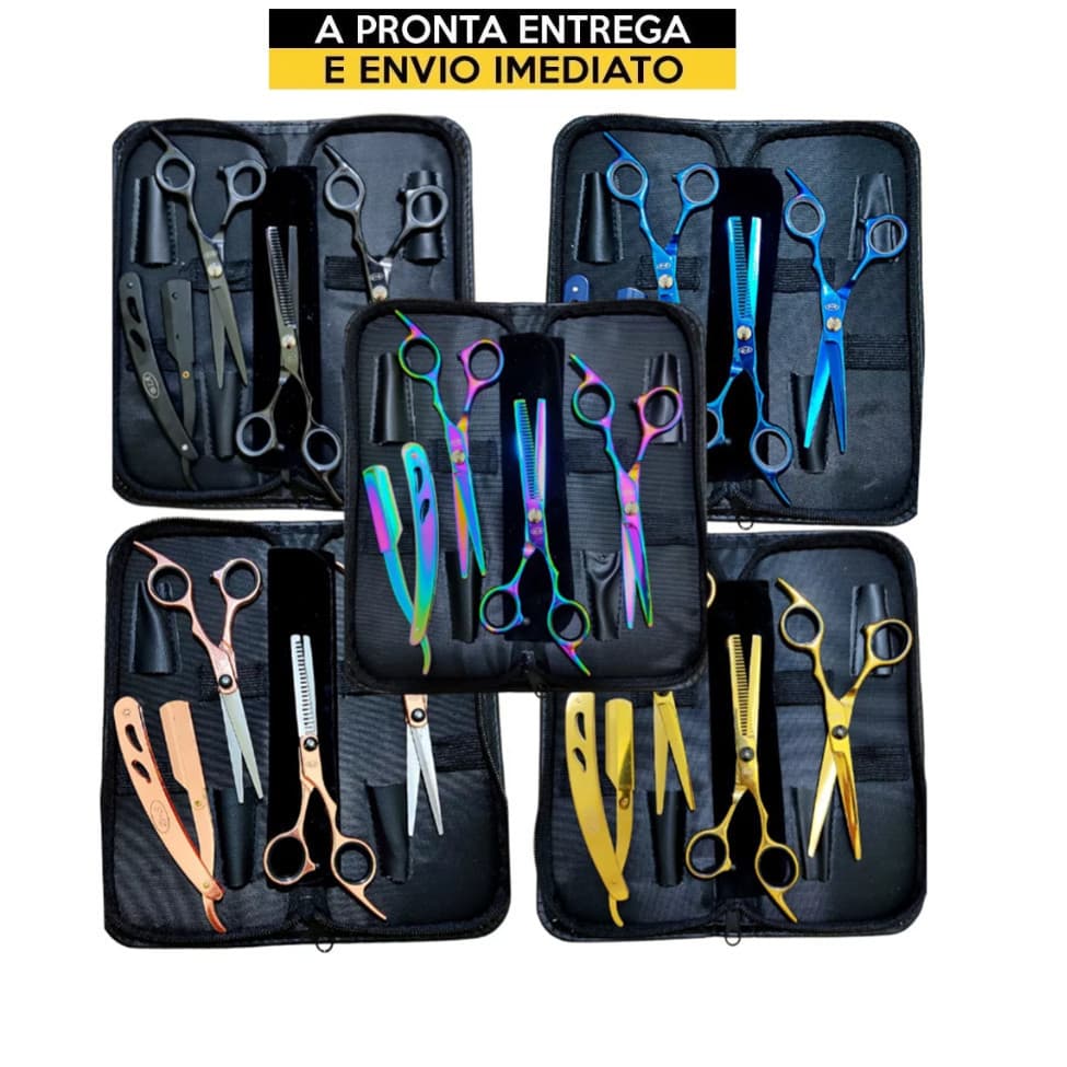 Kit 3 Tesouras Profissionais Barbeiro Fio Navalha Desbaste Navalhete