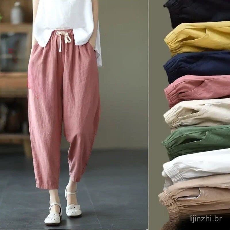 Calças vintage modelo cenoura, 100% algodão-linho, calças femininas de corte solto em cor sólida, calças casuais cropped