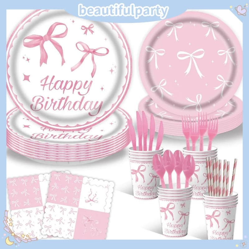 Decoração de Festa de Aniversário com Tema Laço Rosa, Utensílios Descartáveis de Papel: Pratos, Copos, Guardanapos e Ace