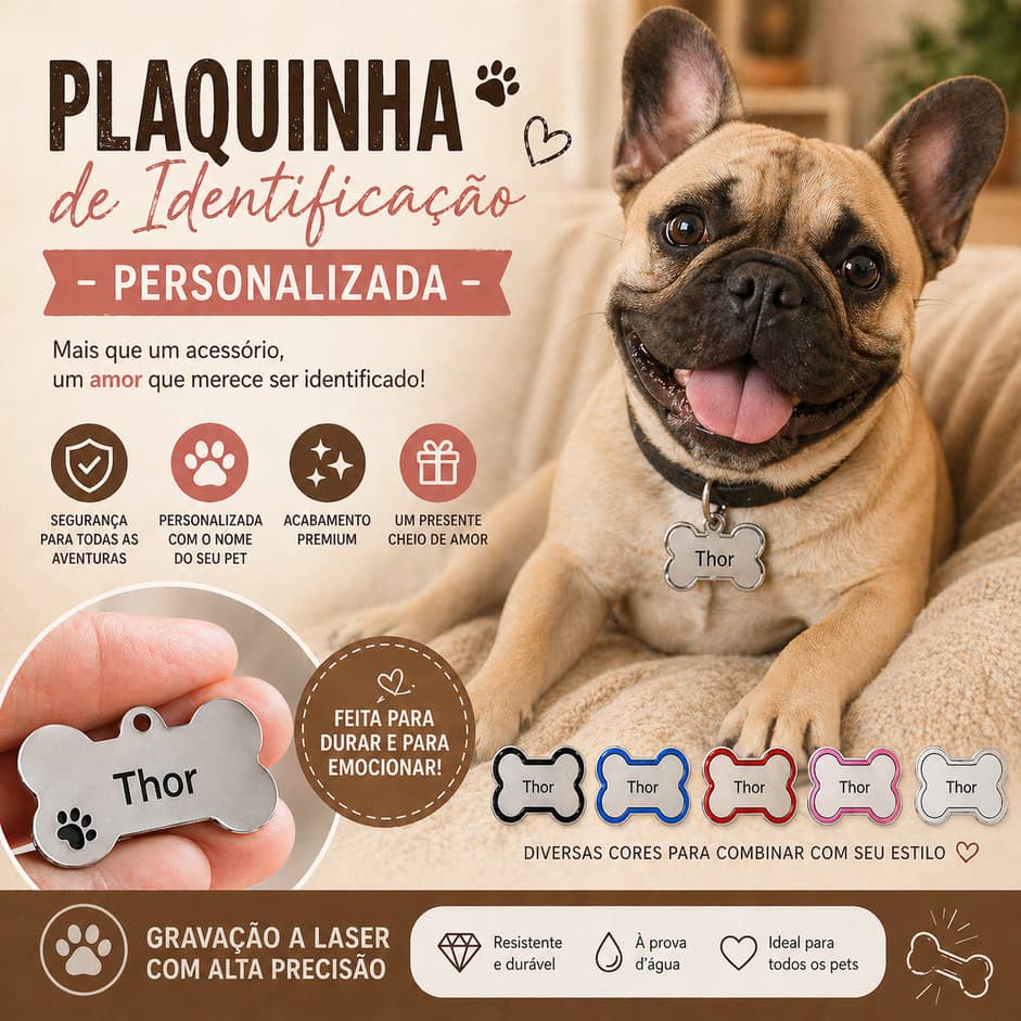 Tag Pet Plaquinha de Identificação Pet em Aço – Para Cães e Gatos Formato Osso 30×20mm com Gravação Personalizada