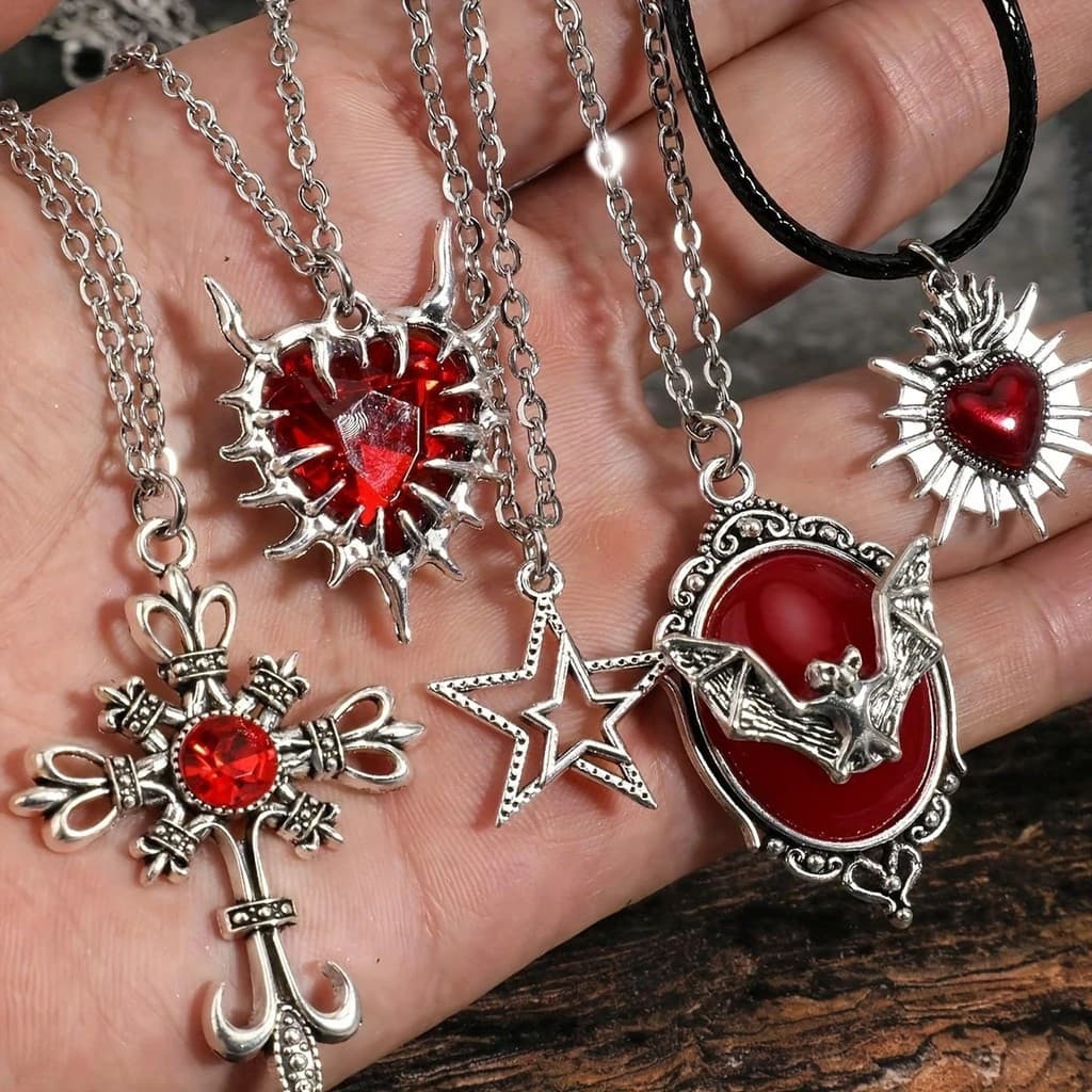 Gótico Vermelho Pico Coração Morcego Pingente Colar Conjunto Para Homens Mulheres Estilo Barroco Cruz Colares Jóias