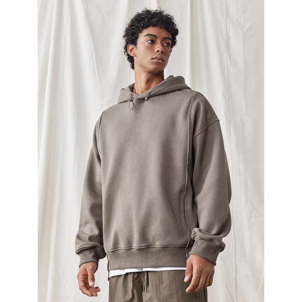 Bdpowerup outono cor s贸lida forro de l茫 moletom masculino solto moletom com capuz moda costura engrossado moletom esport