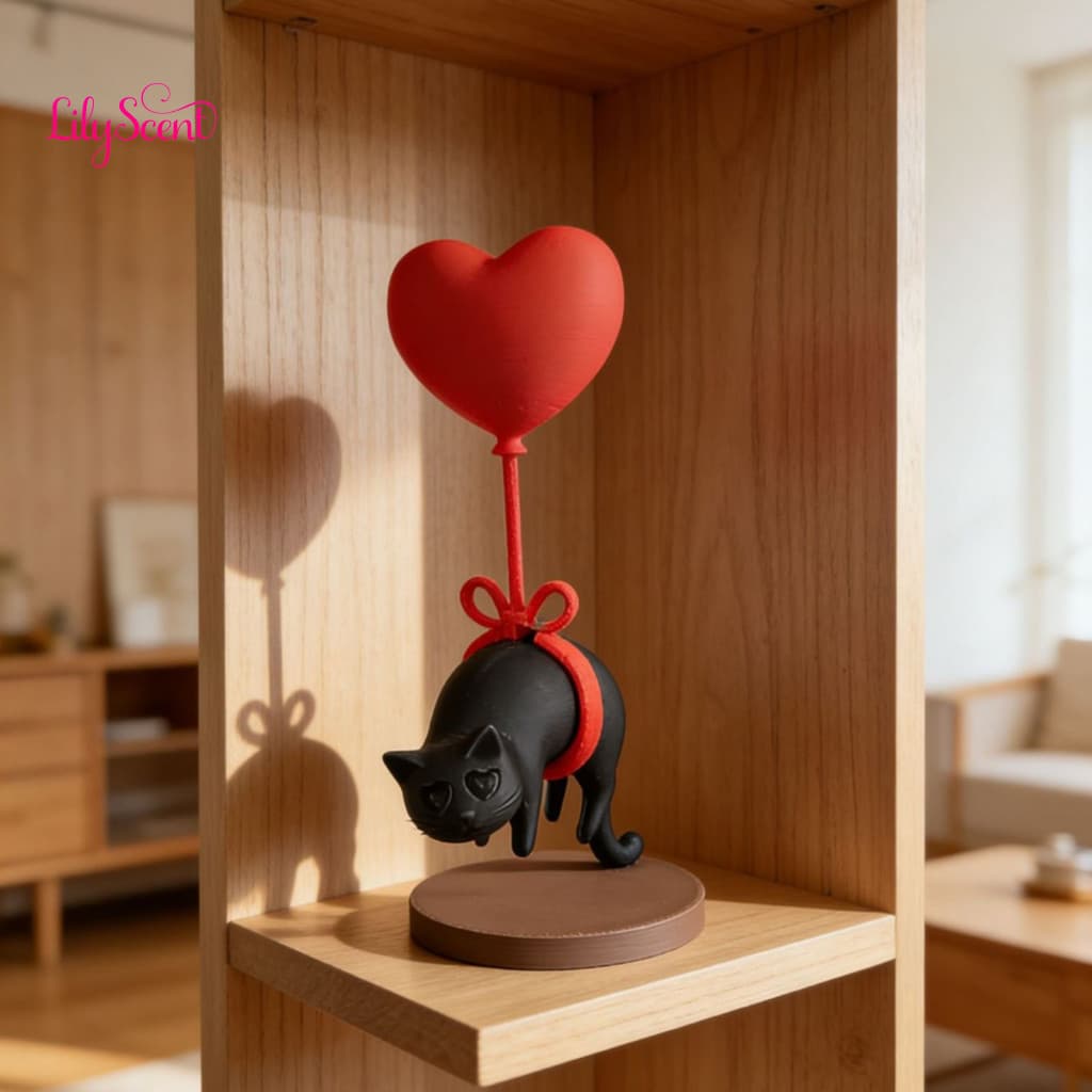 Unique Cat Gift Idea Heart Figurine Cute with Red Balloon – 3d Printed Kitten Statue Desk Shelf Decor Perfect for Love