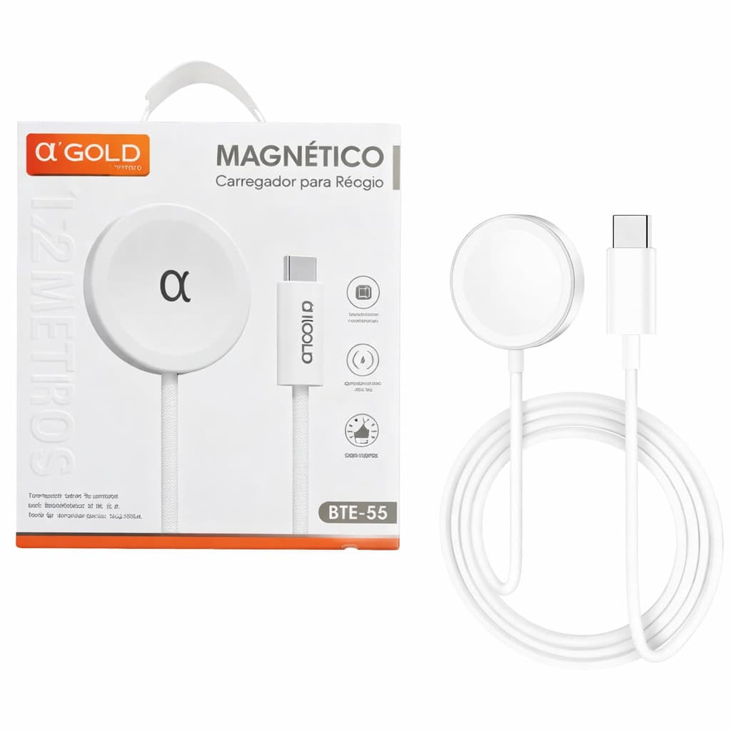 Carregador Apple Watch Tipo-C Magnético por Indução Compatível Série 1 2 3 4 5 6 7 8 9 SE A’Gold BTE-55
