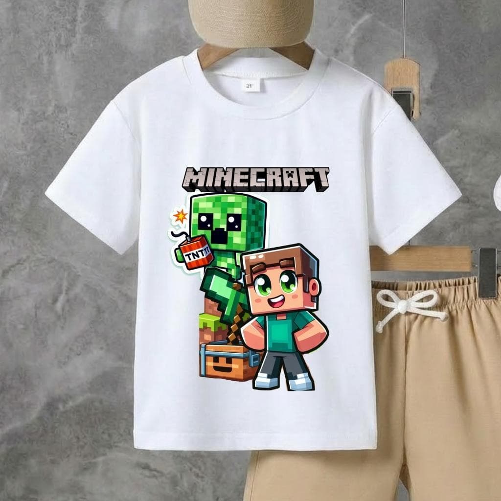 Camiseta Infantil Menino Minecraft 100% Algodão – Tecido Macio, Estampa de Jogo, Manga Curta, Moda Kids
