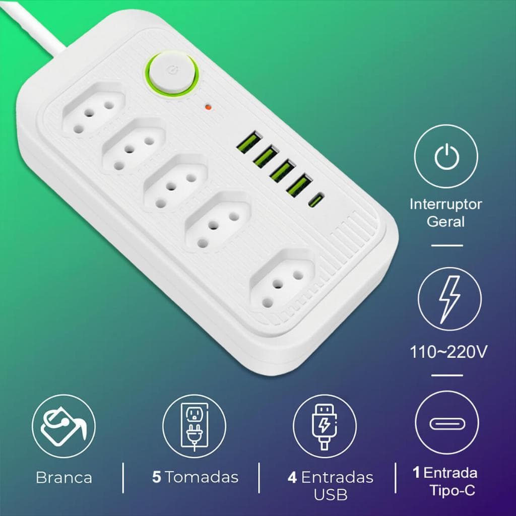 Kit Filtro de Linha B-Max 5 Tomadas Universal Portas USB Fast Charge Extensão de 2 Metros Bivolt Robusta Alta Qualidade