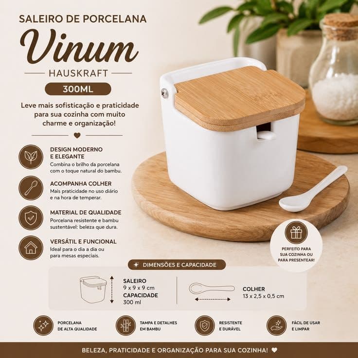 Saleiro Porta Condimento Mesa Vinum Hauskraft de Porcelana Com Tampa de Bambu e Colher de Porcelana