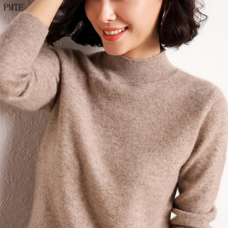 Suéter de Gola Alta Feminino 100% Lã Merino Cashmere GY54
